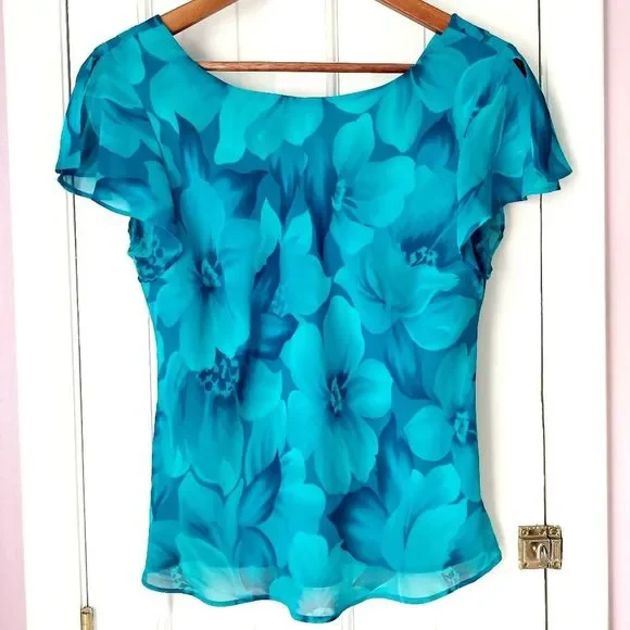 Studio I Blue Floral Blouse w/ Cowl Neck Back Sz 8 - Picture 2 of 8